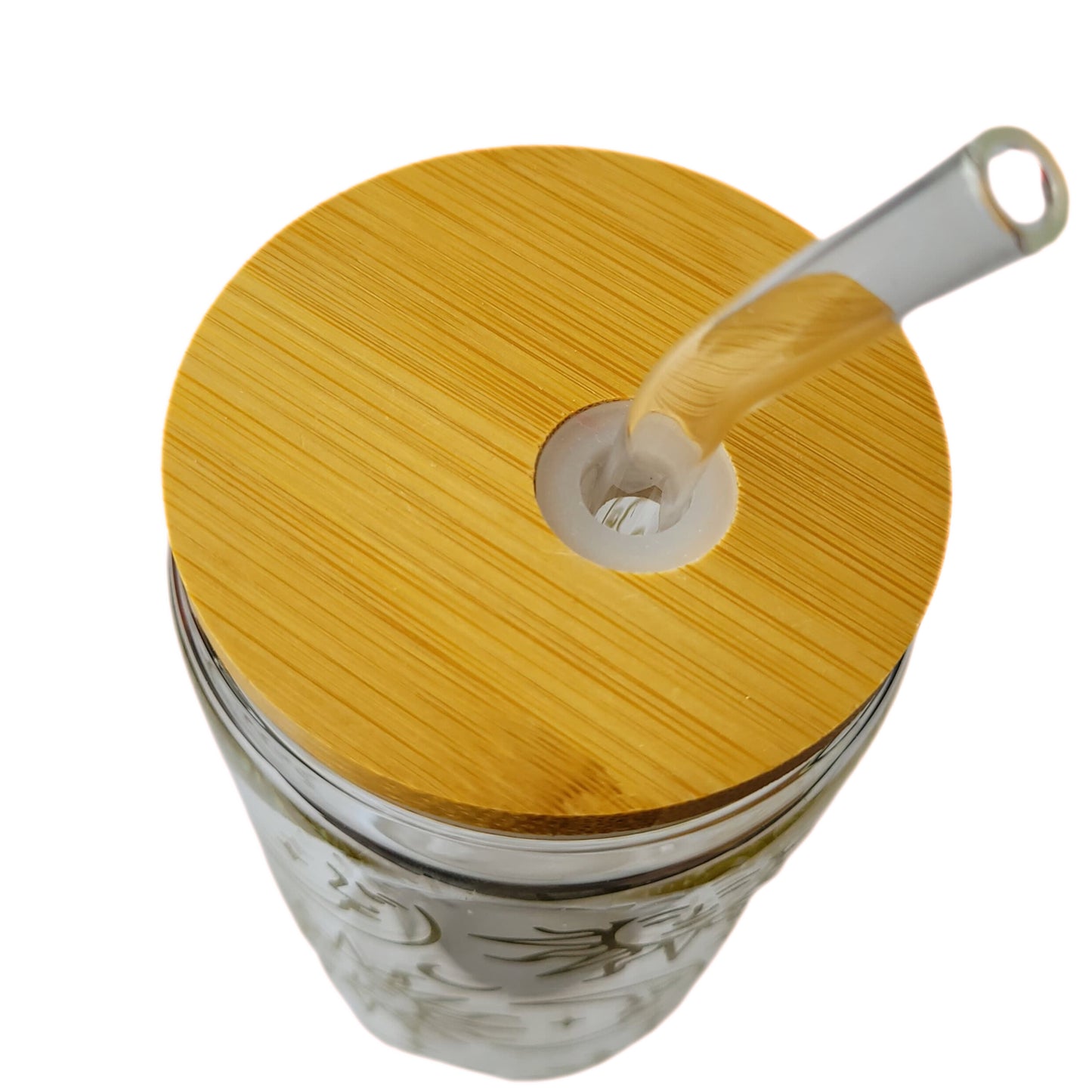 Vaso de vidrio con tapa de madera y bombilla