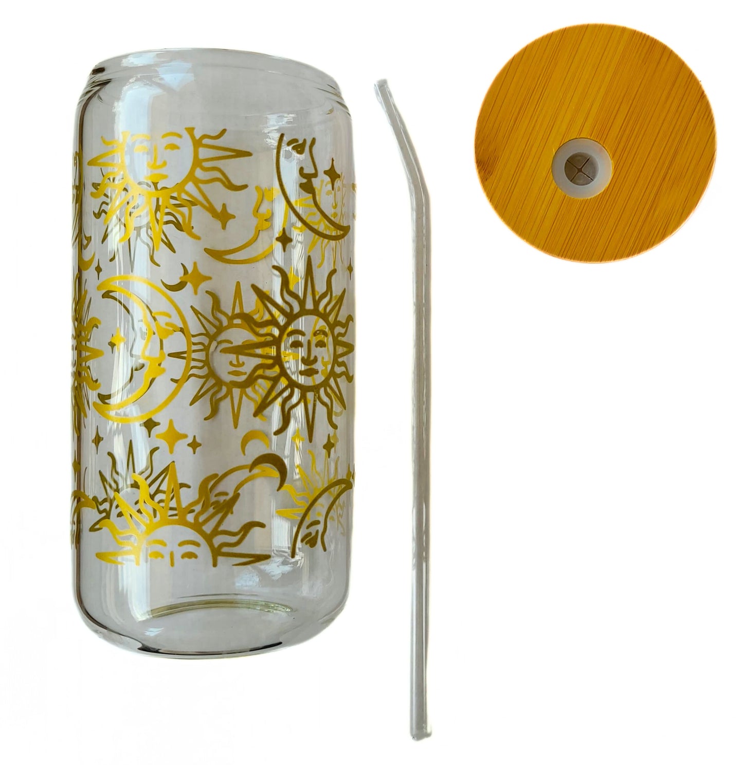Vaso de vidrio con tapa de madera y bombilla