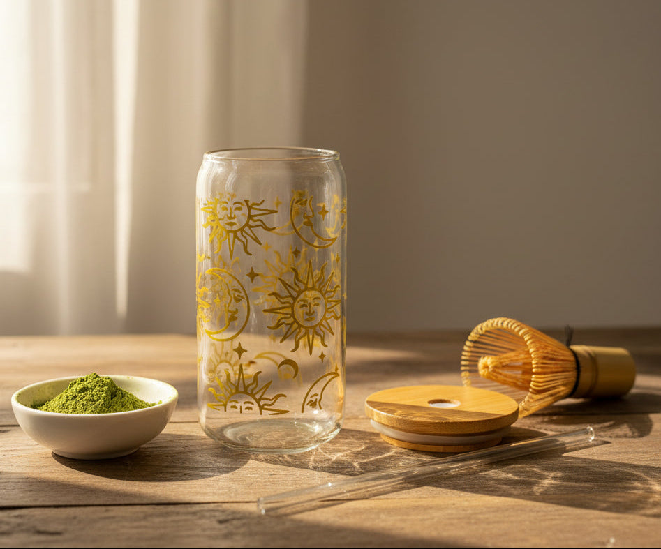 Vaso de vidrio con tapa de madera y bombilla
